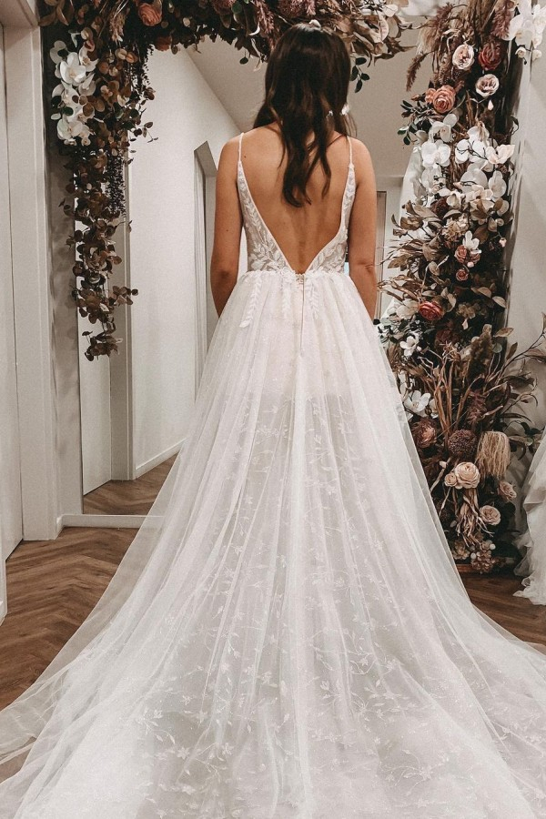 Simple Boho A-Line V-Neck Slip Lace Wedding Dress