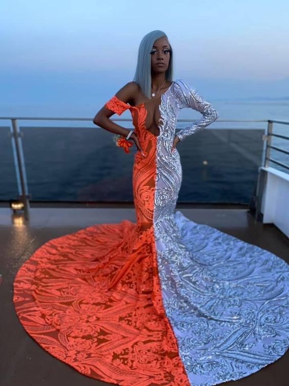 Half-Half Sequin Mermaid Off-the-Shoulder Prom Dress with Court Train