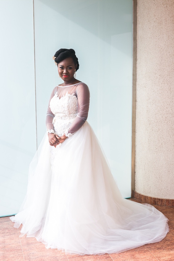 Long Sleeve Sheer Tulle Wedding Dress with Lace Open Back and Overskirt