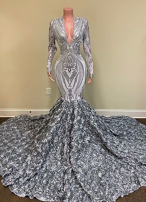 Silver Long Sleeves Sequin Floor-Length Prom Dress with Flowers