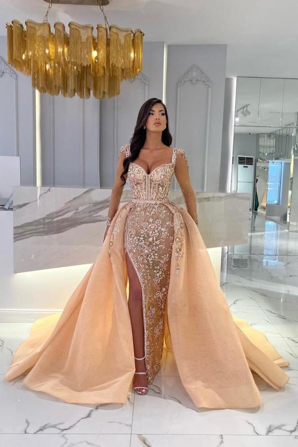 Champagne Evening Dress with Lace | Long Prom Dress | Cheap