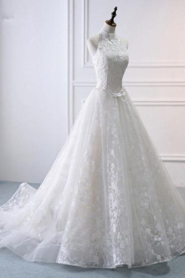 Bradyonlinewholesale Elegant A-Line Halter Tulle White Wedding Dress Sleeveless Appliques Bridal Gowns On Sale_3