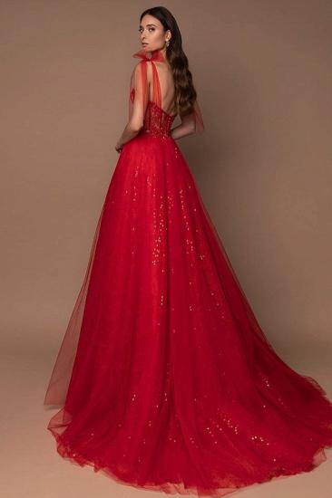 Spaghetti Straps Red Tulle Sequins Aline Wedding Party Dress_2
