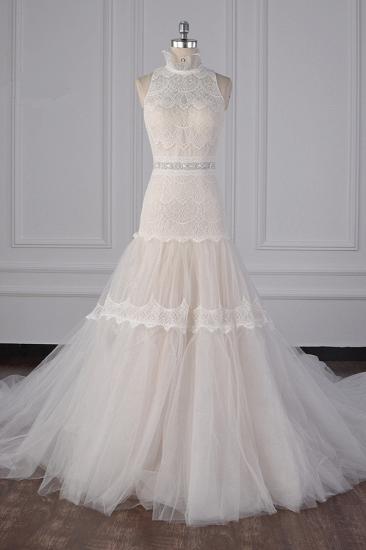 Bradyonlinewholesale Chic High-Neck Tulle Lace Wedding Dress Appliques Sleeveless Bridal Gowns with Beading Sashes Online_1