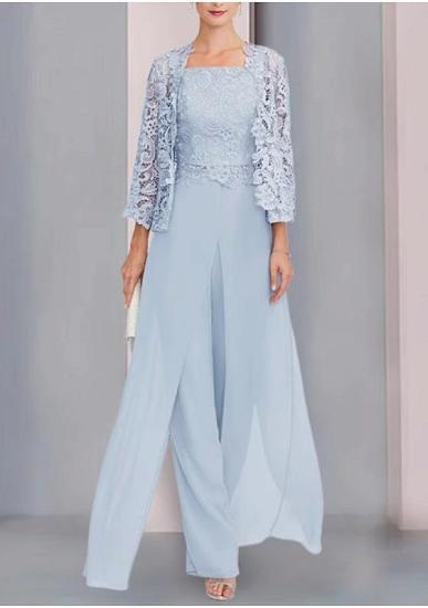 Light blue Motherdress with Jacket Chiffon | 3 Piece Suit Mother of the Bride Dress_1