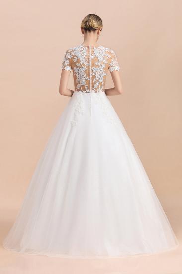 Elegant White Short Sleeves Ball Gown Buttons Lace Applique Wedding Dress_2