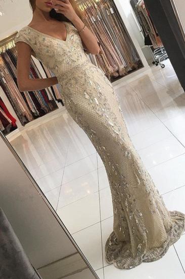 Elegant Champagne V-Neck Long Evening Dresses | Lace Crystal Mermaid Prom Dresses