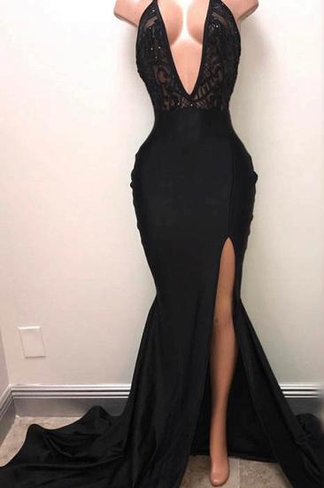 Halter Deep V-neck Black Prom Dresses | Sexy Slit Sleeveless Cheap Evening Dress
