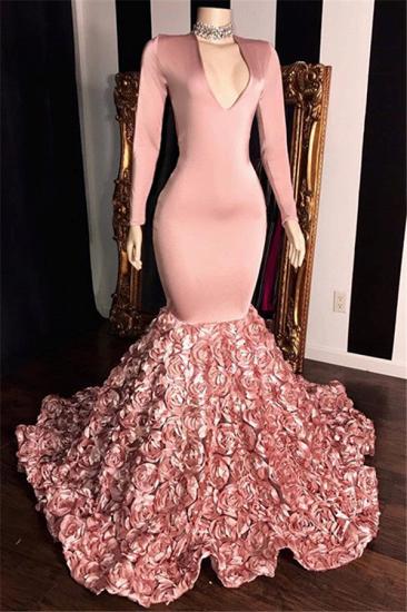 V-neck Long Sleeve Pink Floral Prom Dresses on Mannequins | Cheap Mermaid Evening Gowns_1