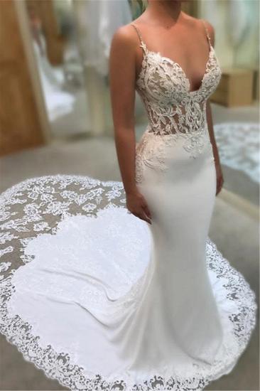 Mermaid Spaghetti Sleeveless Appliqued Lace Court Train Wedding Dresses_1