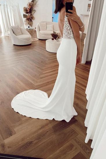 Spaghetti Straps Deep V-neck Sheath Wedding Dresses | Sexy Backless Appliques Bridal Gowns_2