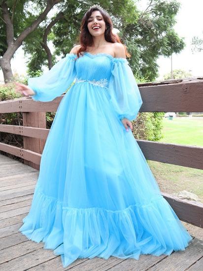 Sky blue off the shoulder long sleeve tulle prom dress_4