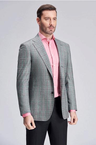 Casual Green Plaid Pocket Grey Mens Business Suit Blazer_3