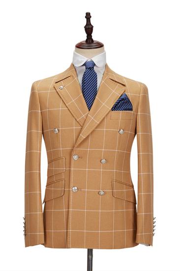 Peak Lapel Flap Pockets Double Breasted Plaid Orange Mens Business Suit for Formal