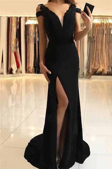 Sexy Split Black Formal Evening Dresses Cheap | V-neck Sheath Sexy Prom Dresses Online_1
