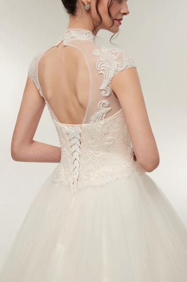 A-line High Neck Short Sleeves Long Lace Appliques Wedding Dresses with Lace-up_9