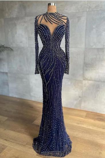 Trendy Turtleneck Navy Mermaid Evening Dress with Detachable Tulle Train Crystal Beads Long Ball Gown_1