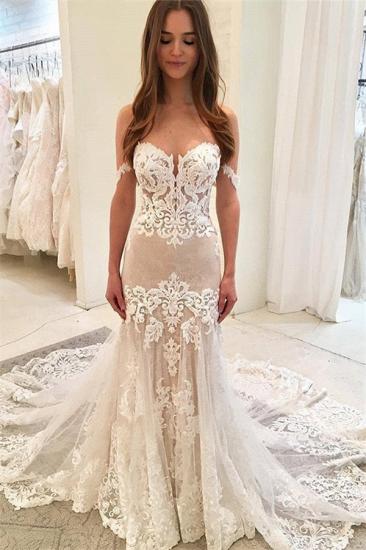 Glamorous Off-The-Shoulder Lace Appliques Bridal Gown | Sweetheart Mermaid Ruffles Wedding Dress