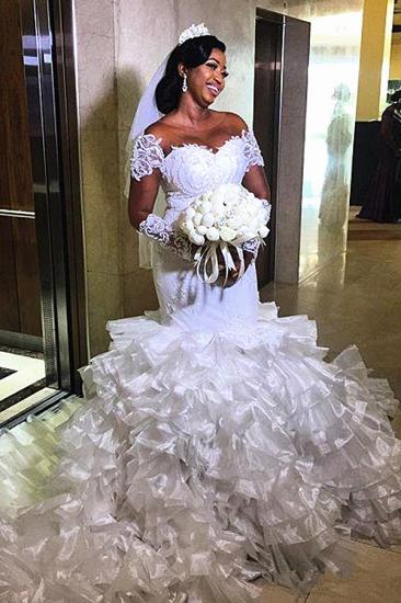 Short sleeves Off-the-shoulder White Mermaid Wedding Dresses with Ruffle Train_2