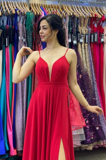 Sexy Red V-Neck Side Split Prom Dress Spaghetti Straps_3