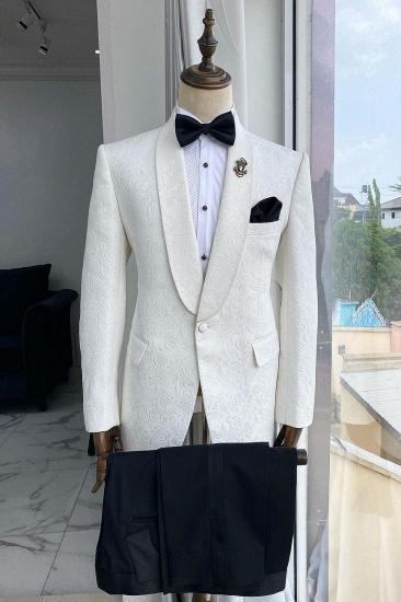 Popular White Jacquard Wedding Groom Suit with Black Pants_1