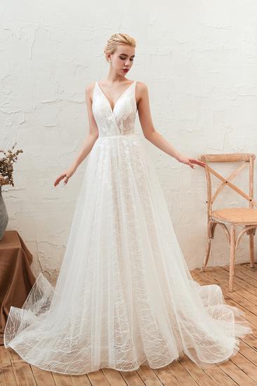Affordable Tulle V-Neck Long Wedding Dress with Appliques_1