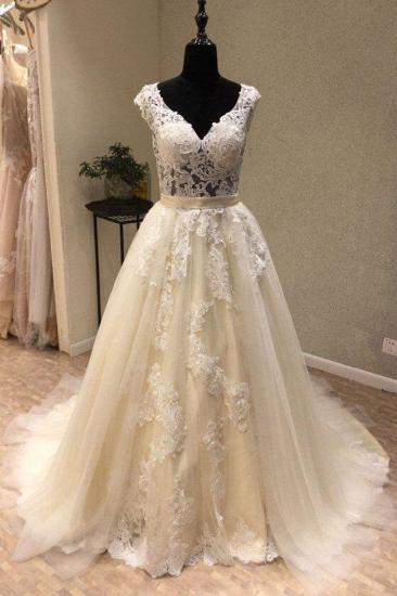 Bradyonlinewholesale Chic Ivory Tulle Lace V-Neck Long Wedding Dress Cap Sleeve Ivory Bridal Gowns On Sale