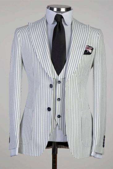White Stripe Three Pieces Peaked Lapel Business Men Suits_1