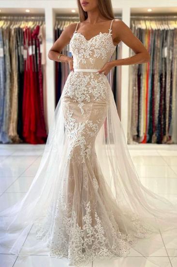 Stunning Spaghetti Straps Sweetheart Lace Mermaid Evening Dress with Tulle Detachable Train_3