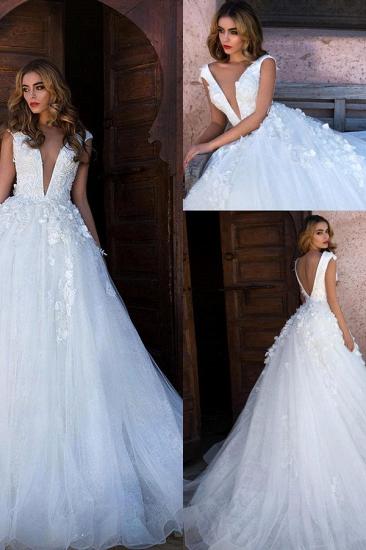 Glamorous V-Neck Cap Sleeves A-line Wedding Dress | Long Lace Appliques Bridal Gowns_3