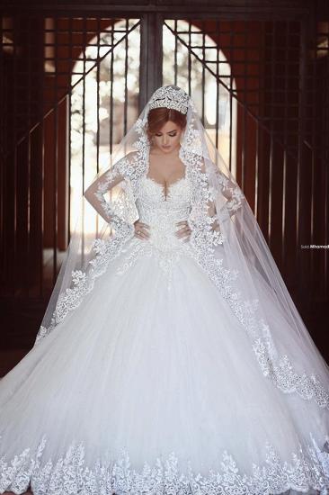 Elegant White Lace Ball Gown Wedding Dress Popular Sweep Train Long Sleeve Bridal Gown_1
