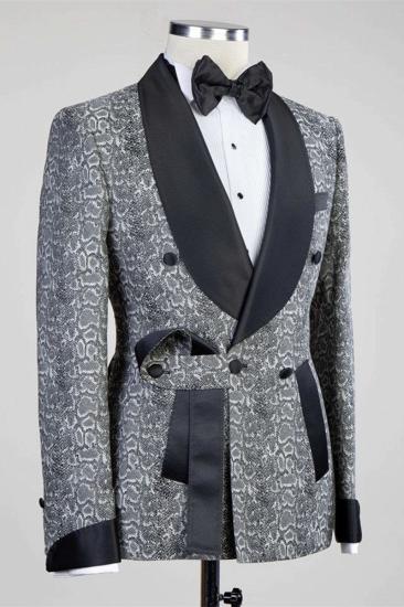 Khalil Grey Double Breasted Jacquard Wedding Mens Suit with Black Lapel_2
