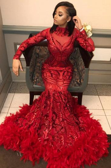 Long Sleeve Mermaid Red Prom Dresses Cheap | Sequins Appliques Feather Evening Dress_2