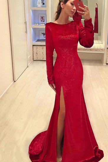 Red Sequins Sexy Side Slit Evening Dresses | Long Sleeve Cheap Prom Dresses_1