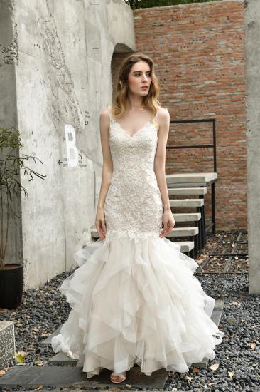 Luxury Mermaid Ivory V-neck Spring Lace Wedding Dress with Ruffles Train_1