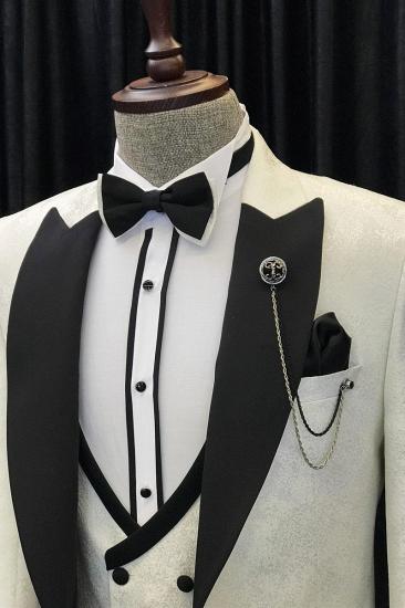 Alvin New White Jacquard Three Piece Black Point Lapel Wedding Suit_2