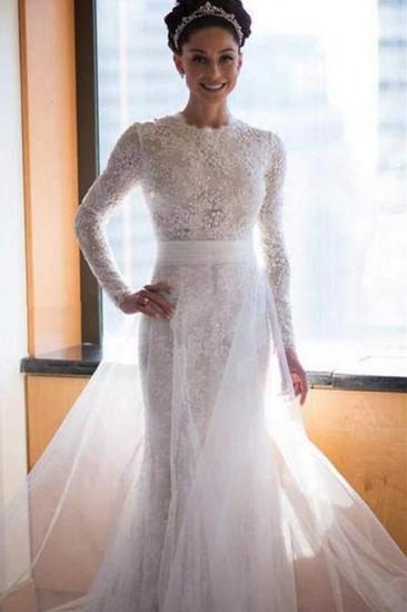 Latest High Collar Long Sleeve Wedding Dress with Beadings Lace Sweep Train Bridal Gown