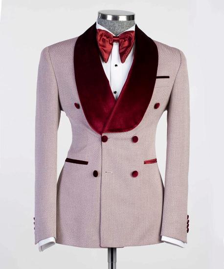 New Arrival Double Breasted Fashion Prom Suits With Burgundy Shawl Lapel_4