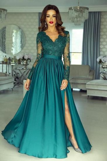 Elegant Navy Lace Satin Evening Maxi Dress Long Sleeves Formal Dress with Side Split_5