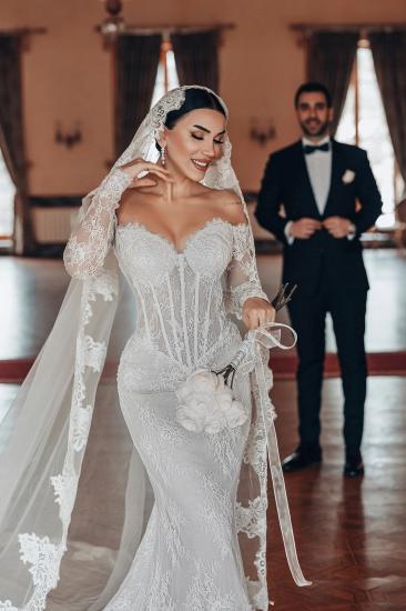 Off-the-Shoulder Appliques Lace Mermaid Wedding Dresses Long Sleeve_2