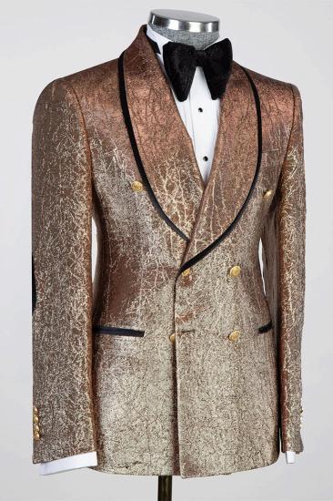 Solomon Khaki Shawl Lapel Jacquard Double Breasted Wedding Suits_2
