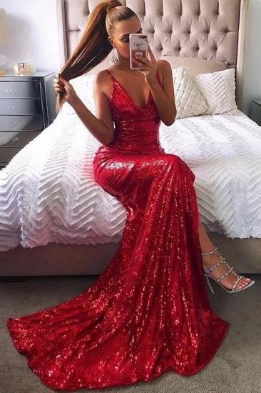 Red Shiny Sequins Sexy Evening Dresses |  Sleeveless Cheap Long Formal Party Dresses