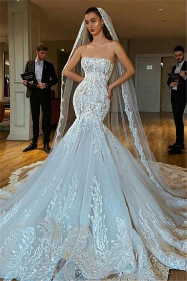 Sexy Strapless Mermaid Puffy Appliques Bridal Wedding Gowns_1