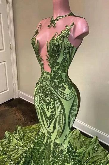 Green v-neck mermaid sequin prom dress with court train_3