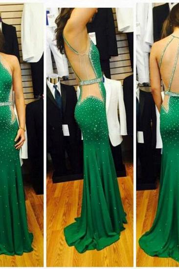 Crystal Green Mermaid Beading Evening Dress Halter Open Back Sweep Train Crystal Dresses for Women_2