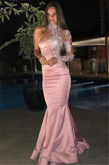 High Neck One Sleeve Prom Dress Pink Mermaid Lace Appliques Evening Gown_1