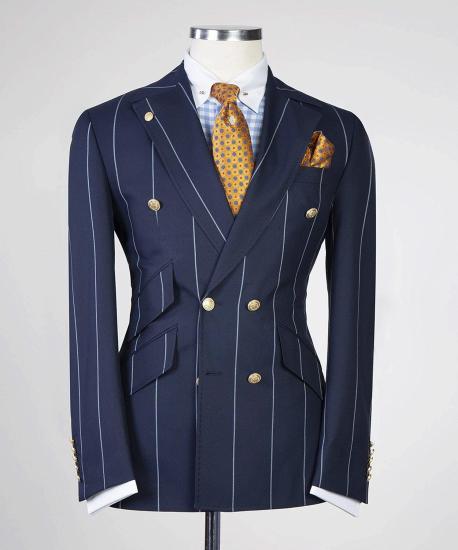 New Navy Blue Striped Point Collar Double Breasted Suit_3
