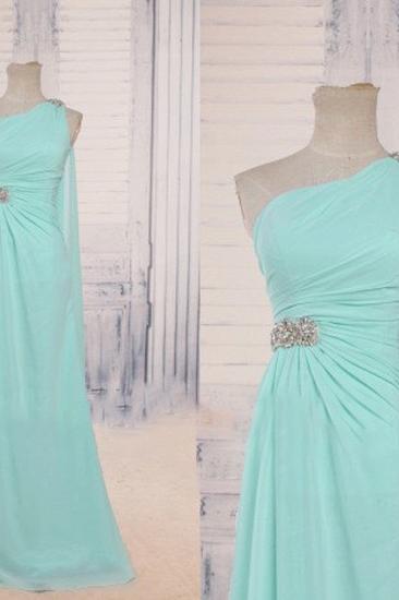 Light Green One Shoulder Elegant Long Evening Dresses with Waist Ruffles Beadings Prom Dresses_3