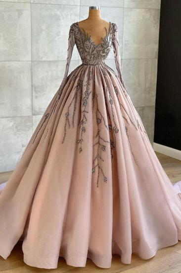 Luxury Long Sleeves V-Neck Floral Appliques Ball Gown_1