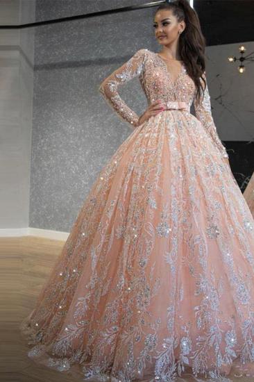Princess Pink Long sleeves A-line High waist Lace Belt Wedding Dress_2